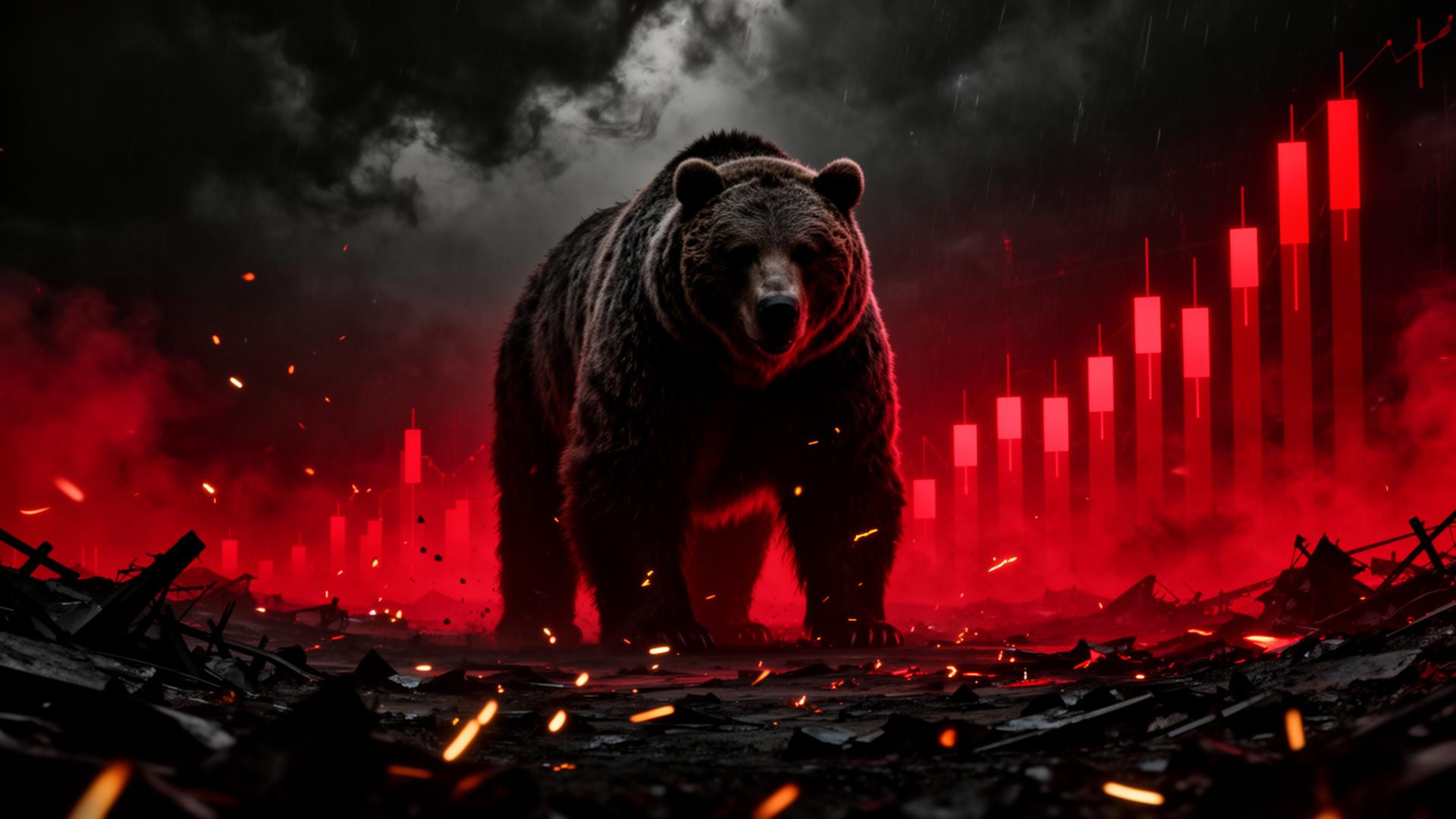 A grizzly bear standing in a stormy red wasteland with falling candlestick charts